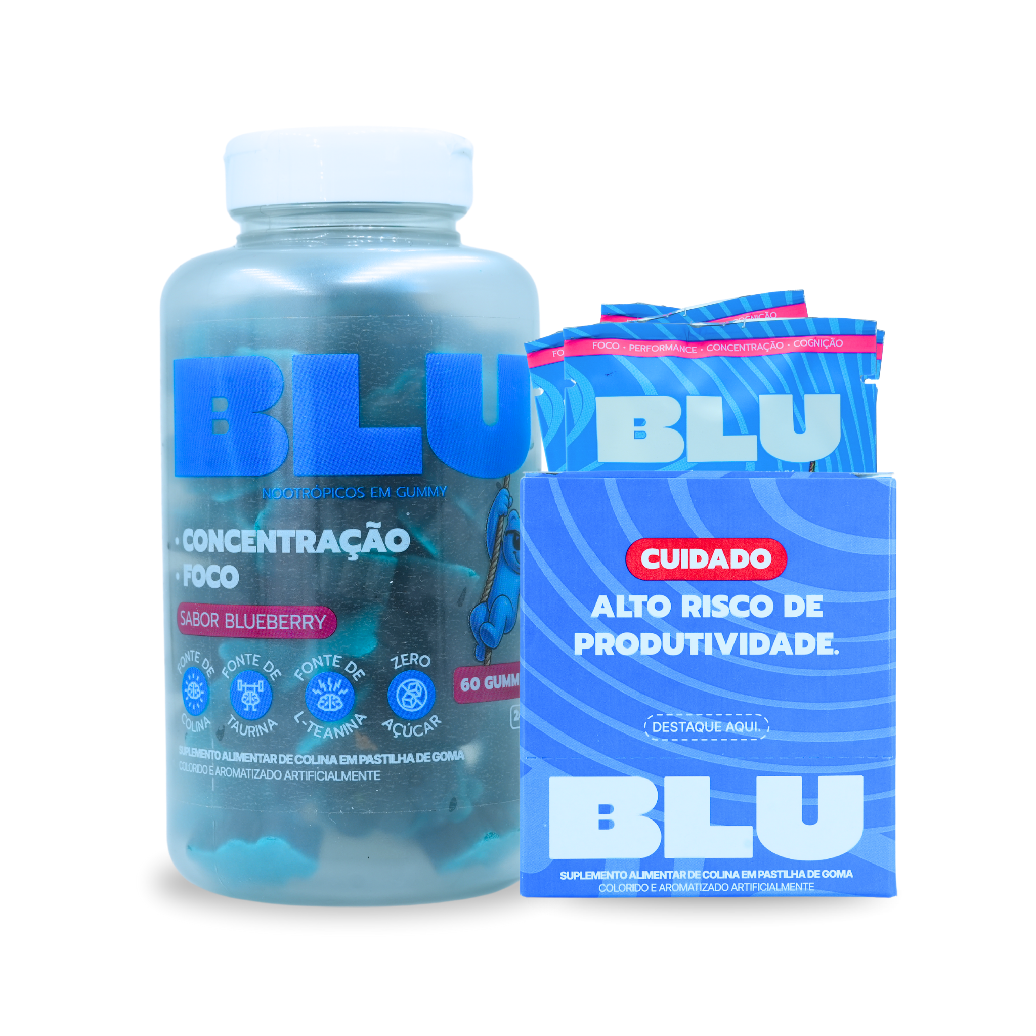 Pote de gummies BLU Nootrópicos sabor blueberry com 60 unidades, destacando concentração e foco, ao lado da caixa azul com a frase 'Cuidado: Alto risco de produtividade'