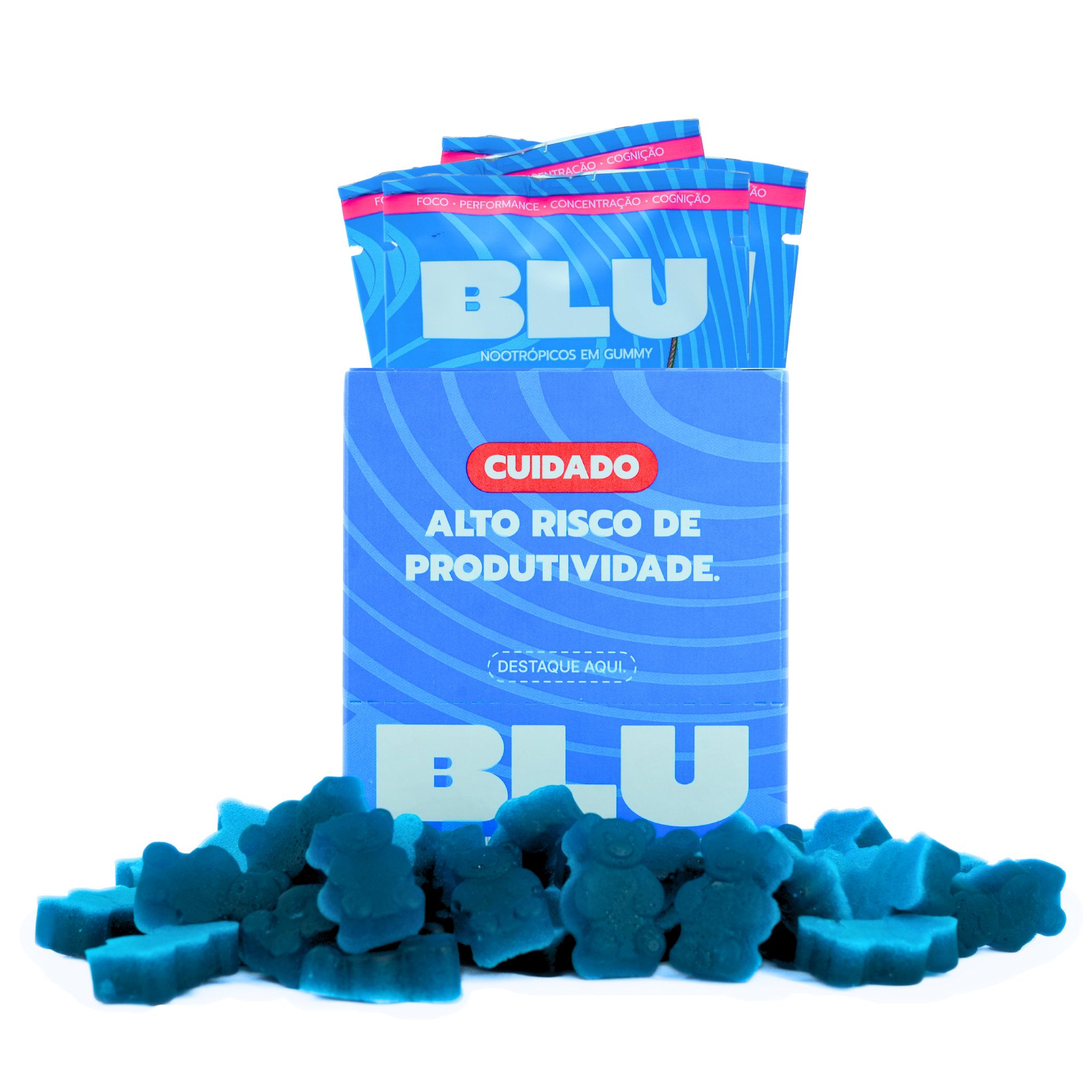 Caixa de gummies BLU Nootrópicos na cor azul com a frase 'Cuidado: Alto risco de produtividade', acompanhada de gummies em formato de urso espalhados na frente da embalagem